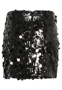 Schwarzer Pailletten-Minirock mit runden Pailletten, die eng beieinander angeordnet sind für einen strukturierten Look, mit einem versteckten Reißverschluss auf der Rückseite.