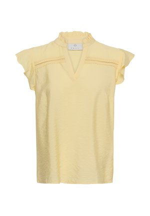 Blouse sans manches jaune clair avec col montant à volants, encolure en V et détails en dentelle sur la poitrine.