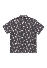 Korte mouwen shirt van zwarte stof met een patroon van paarse en witte cartoonfiguren, met een kraagontwerp en rechte zoom.