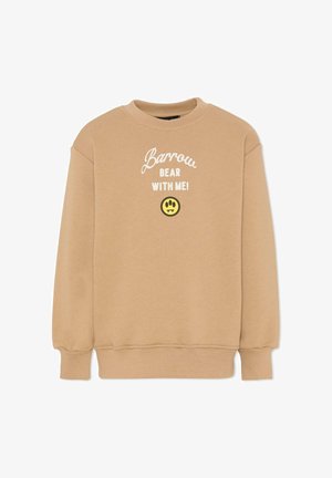 Sweat-shirt beige avec un col rond, des manches longues et des poignets élastiques. Présente le texte "Barrow Bear With Me !" et un graphique de visage souriant.