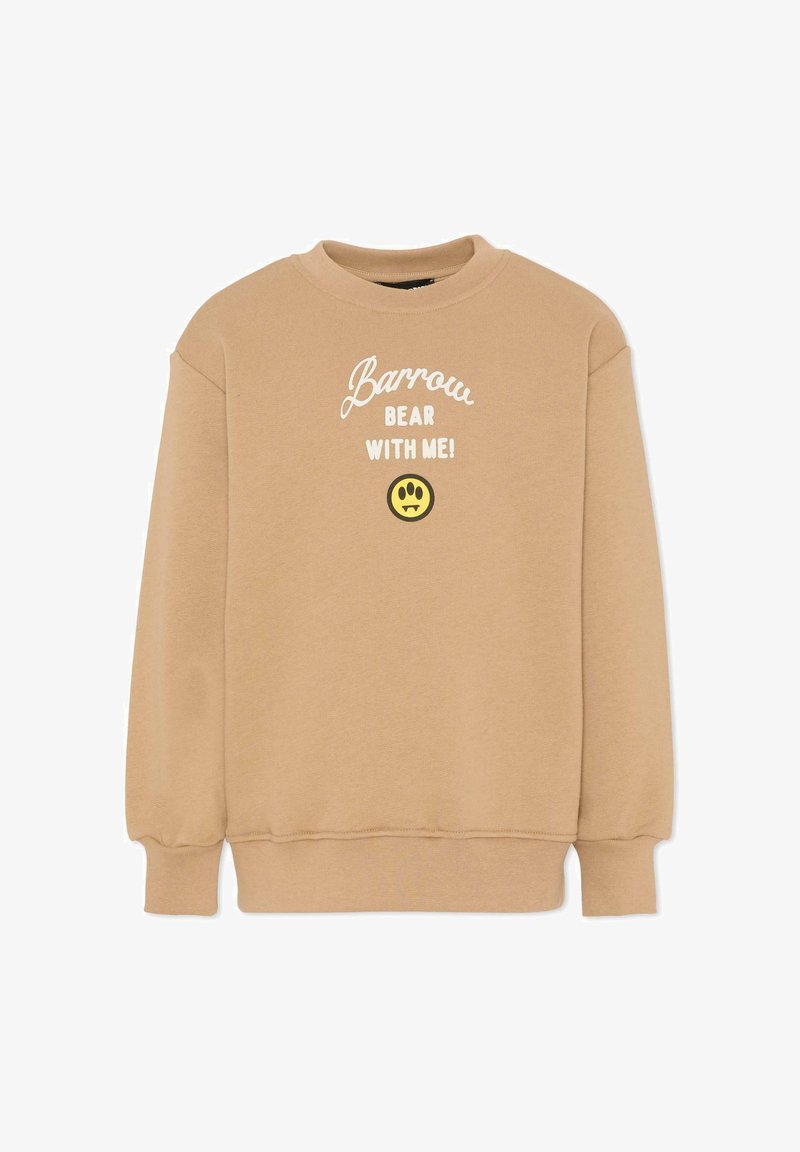 Felpa beige con scollo rotondo, maniche lunghe e polsini elasticizzati. Presenta la scritta "Barrow Bear With Me!" e un disegno di una faccina sorridente.