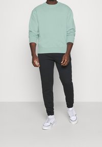 Ljust grön sweatshirt med ribbat manschetter, i kombination med mörka joggers. Modellen bär vita sneakers. Enkelt design, inga synliga mönster.