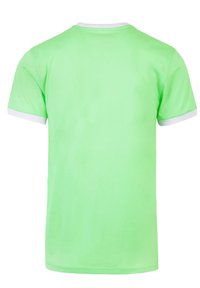 Korte mouwen T-shirt in lichtgroene katoen met een witte kraag en mouwmanchetten. Gladde textuur, eenvoudig ontwerp en geen patronen.