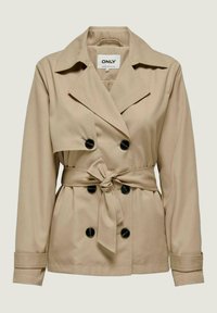 Trench coat beige con vita aderente, design doppiopetto, grandi bottoni neri e ampi risvolti. Realizzato in materiale leggero e liscio.