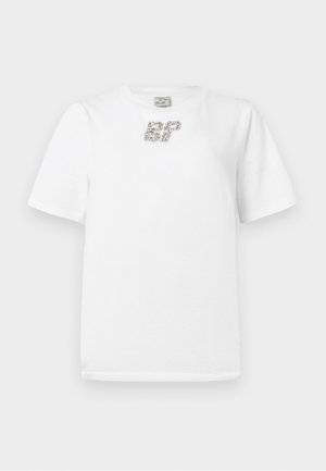 Witte korte mouwen t-shirt van katoen, met een decoratief rhinestone "EF" design op de borst. Eenvoudige ronde halslijn en rechte zoom.