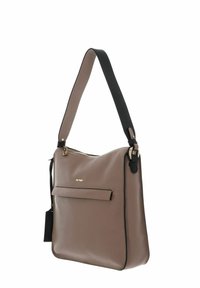 Brown leather shoulder bag with a black strap, featuring a zip top, front pocket, and gold-tone hardware accents. Smooth texture.
