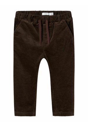 Brązowe spodnie sztruksowe z elastycznym pasem, zapięciem na sznurek i bocznymi kieszeniami. Charakteryzują się pionową prążkowaną teksturą oraz mankietowanymi nogawkami.