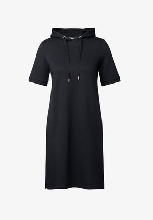 Robe à capuche noire en tissu texturé, avec des manches courtes, une poche avant et des cordons de serrage au niveau du col.