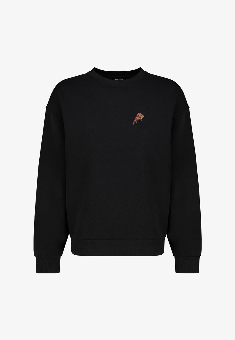 Black sweatshirt made of soft fabric, featuring a small pizza slice embroidery on the chest. Classic crew neck and ribbed cuffs.