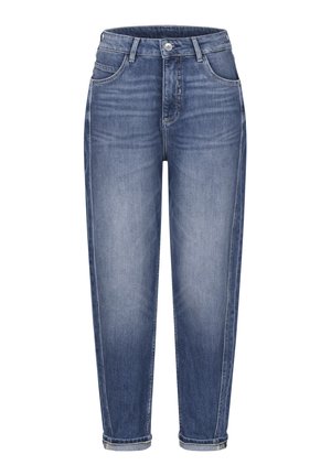 Blaue, hoch taillierte, schmal zulaufende Jeans mit Fronttaschen, Knopf- und Reißverschluss sowie hochgekrempelten Bündchen.