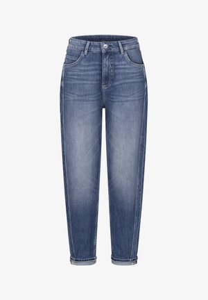 Blue high-waist tapered jeans with front pockets, button and zipper closure, and rolled-up cuffs.