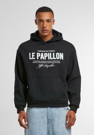 Black hoodie with white text, featuring a kangaroo pocket and adjustable hood. Made of soft fabric with a relaxed fit.