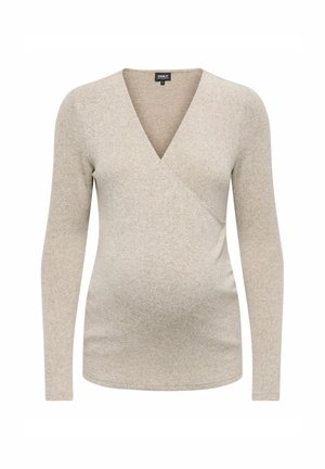 Beige langmouw zwangerschapsblouse van zacht, rekbaar materiaal met een v-hals en wikkeldesign, met een gladde textuur en een aangesloten pasvorm.
