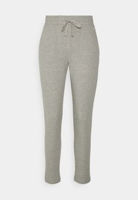 Gray cotton joggers with a drawstring waist, tapered legs, and a smooth texture. Features a small logo detail near the waistband.