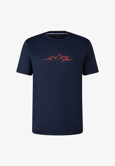 Navy blue short-sleeve T-shirt in a lightweight fabric featuring an orange mountain line graphic across the chest. Smooth texture, crew neck.