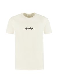 Ecru T-shirt met korte mouwen en zwart "Pure Path" scriptlogo gecentreerd op de borst.