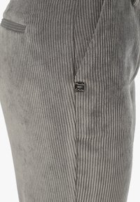 Pantaloni in velluto a coste grigi con righe verticali, dotati di una tasca laterale e un'etichetta con logo. Texture liscia e vestibilità sartoriale evidente.