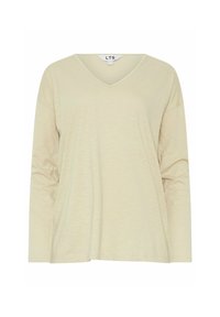 Langärmliges, beigefarbenes V-Neck-Oberteil aus weichem, leichtem Stoff. Hat eine lockere Passform und ein einfaches, schlichteres Design.