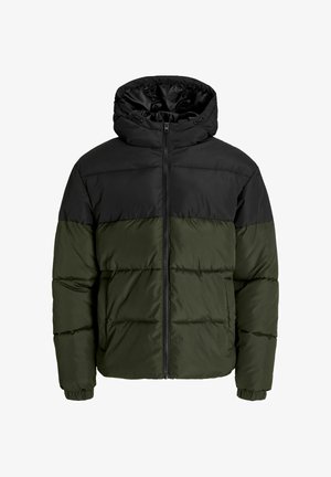 Puffer jacket featuring a black top section and olive green bottom. Made of water-resistant material with a hood and zipper closure.