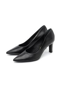 Zapatos de tacón alto de cuero negro con un diseño de punta afilada, tacón de bloque de altura media y textura suave. Estilo minimalista sin adornos visibles.