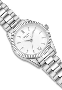 Hõbedane metallist randmekell valge dials, indekseerimise tunnimarkerite ja nigelanud bezeli. Omab terasest link-rannaehte ja logo 6 tunni kohal.