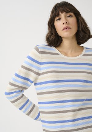 T-shirt à manches longues rayé avec des bandes alternées de bleu clair, bleu foncé, beige et marron. Texture côtelée et encolure ronde.