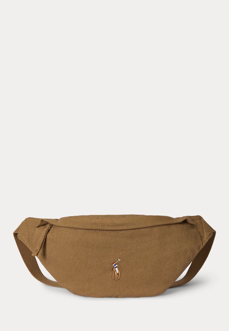 Brown fabric waist bag with adjustable strap featuring small embroidered polo player logo on front center.