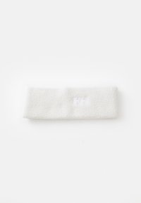 Bandeau en polaire blanc avec une texture douce, présentant un petit logo brodé en blanc. Forme rectangulaire, adapté pour les vêtements d'hiver.