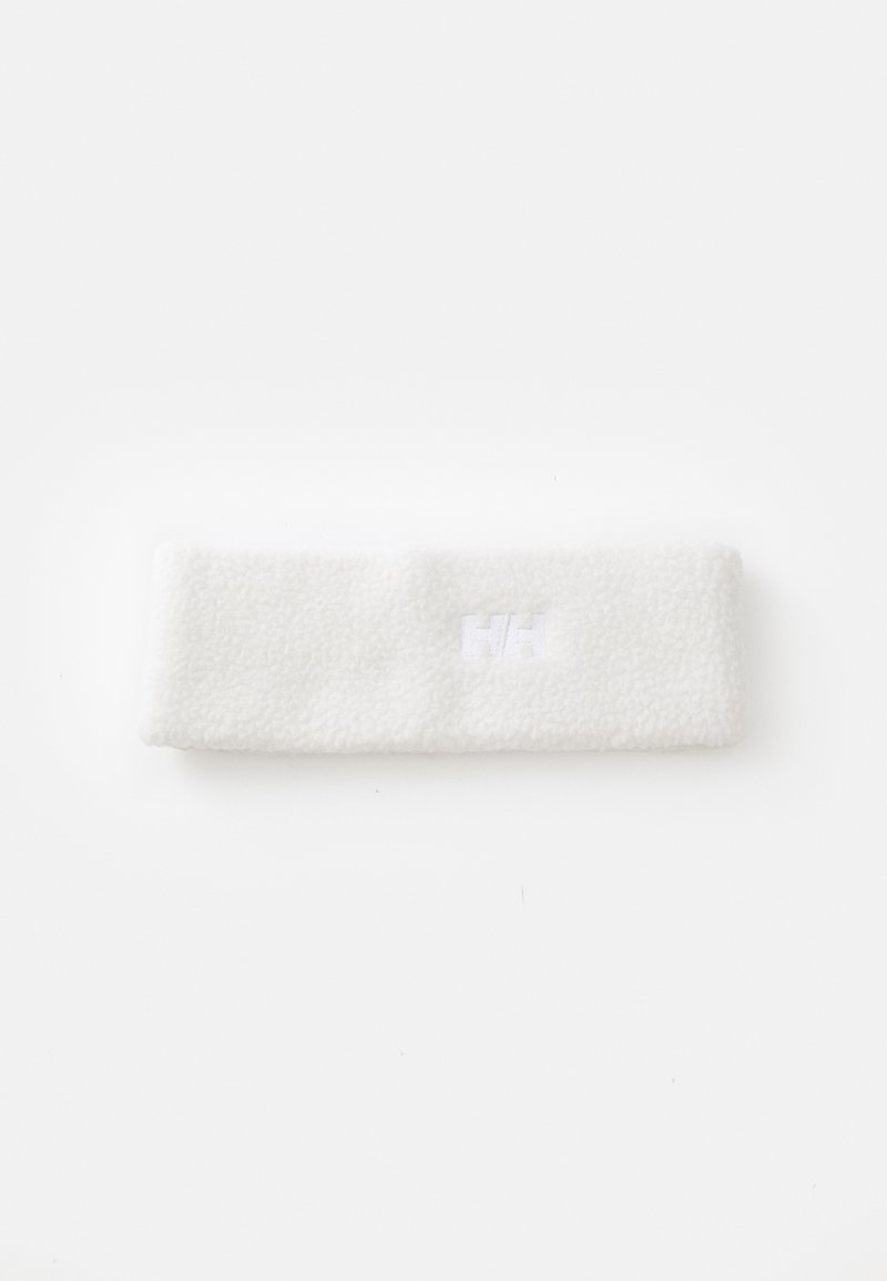 Bandeau en polaire blanc avec une texture douce, présentant un petit logo brodé en blanc. Forme rectangulaire, adapté pour les vêtements d'hiver.