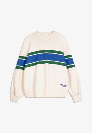 Kremasti dukserica izrađena od mekog materijala s okruglim izrezom, dugim rukavima i horizontalnim prugama u zelenoj, plavoj i bijeloj boji.