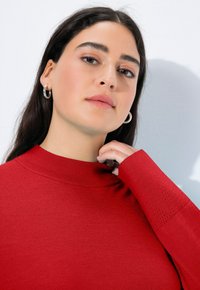 Maglione rosso con collo alto e dettagli testurizzati sulle maniche. Tessuto liscio e design aderente, presentato su uno sfondo chiaro.