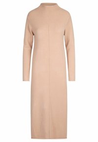 Robe longue en maille côtelée de couleur beige clair avec un col montant et des manches longues, présentant une silhouette droite et un détail de couture centrale.