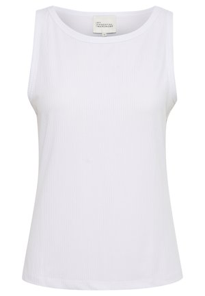 Débardeur blanc sans manches en tissu côtelé, avec un col rond et une coupe légèrement décontractée. L'étiquette indique "MON GARDEROBE ESSENTIELLE", taille M.