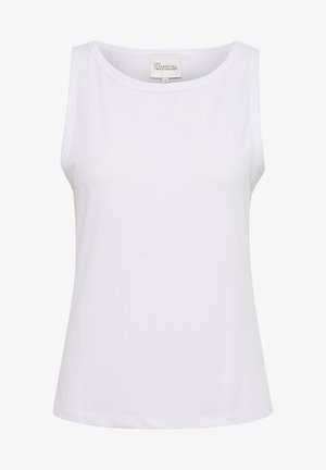 Hvid, ærmeløs top lavet af ribbet stof, med rund halsudskæring og en let afslappet pasform. Mærket siger "MIN ESSENTIELLE GARDEROBE," størrelse M.