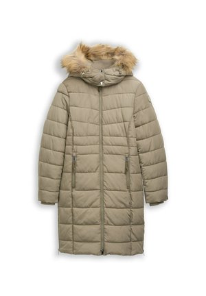 Padded long coat in light beige with a detachable hood featuring faux fur trim, zippered side pockets, and a front zipper closure.