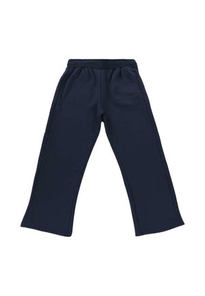 Navy blue fleece pants with elastic waistband and loose, straight legs, showing subtle "Dropsize" branding on front right side.