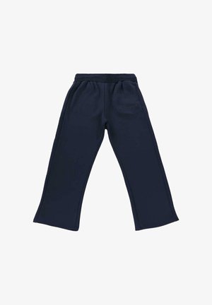 Pantaloni in pile blu navy con vita elasticizzata e gambe dritte e morbide, con un discreto logo "Dropsize" sulla parte anteriore destra.