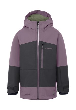 Giacca con cappuccio per bambini in viola tenue e grigio scuro con cerniera frontale, tasca con cerniera sul petto e chiusure regolabili sui polsi.