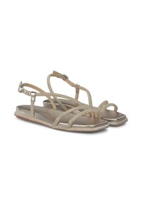 Gouden metallic platte sandalen met meerdere glinsterende banden en een gevoerde binnenzool, met een verstelbare enkelgesp en een gestructureerde zool.