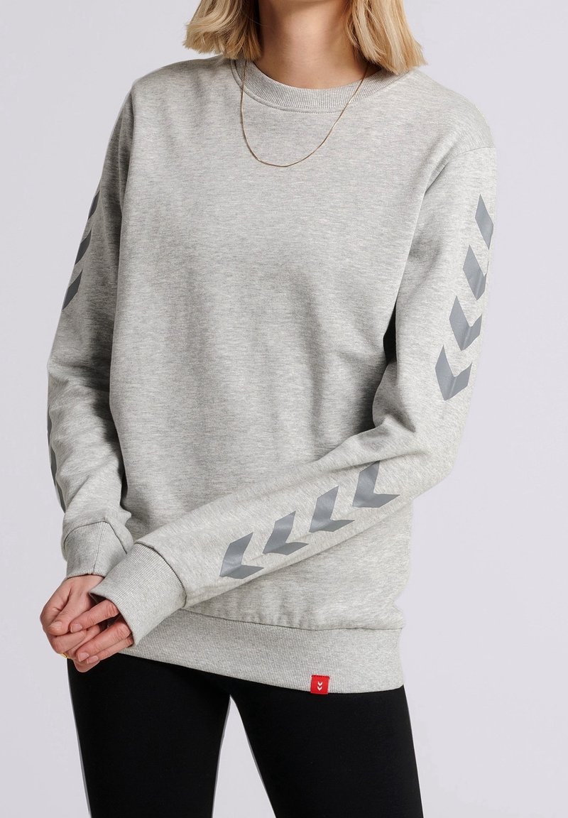 Sweat-shirt gris à manches longues, avec des rayures en forme de chevron grises sur les manches et une étiquette logo rouge à l'ourlet. Confectionné en tissu doux.