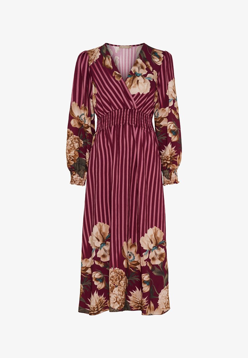 Langærmet burgunder kjole med lodrette lyserøde striber, beige blomsterprint, V-udskæring, elastisk talje og samlet ærmekant.