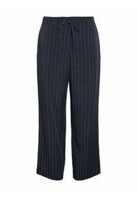 Marineblå, lette vide bukser med hvite vertikale striper. Har elastisk midje med snor for justerbar passform.