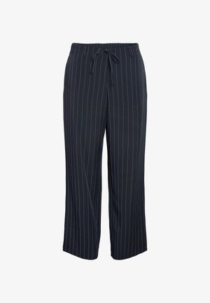 Granatowe, lekkie spodnie o szerokich nogawkach z białymi pionowymi paskami. Posiadają elastyczny pas z sznurkiem do regulacji dopasowania.