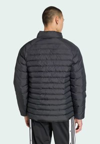 Osoba oblečená v tmavej, nadutej bunde s horizontálnym prešívaním stojí chrbtom k divákovi, pred svetlozeleným pozadím.