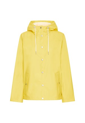 Sárga vízálló dzseki kapucnival, patent gombokkal, fehér zsinórokkal és oldalsó zsebekkel. Simaszerkezet és egyenes szabású dizájn.