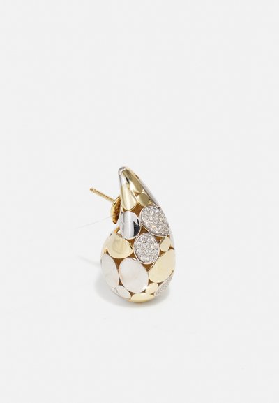 Gold and silver teardrop earring featuring circular patterned accents and embedded stones, with a polished metal texture and post back design.