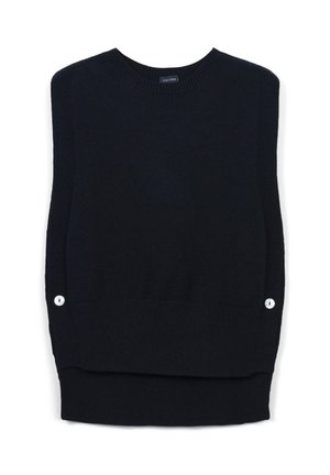 Maglione senza maniche nero con collo rotondo, orlo a costine e dettagli con bottoni sui lati; realizzato in materiale lavorato a maglia con una texture opaca.