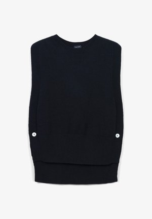 Maglione senza maniche nero con collo rotondo, orlo a costine e dettagli con bottoni sui lati; realizzato in materiale lavorato a maglia con una texture opaca.