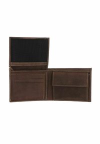 Brown leather bifold wallet open with card slots on left and coin pocket with flap on right side against white background.