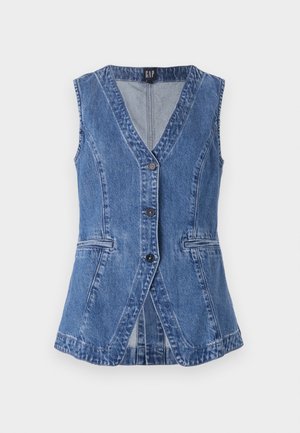 Gilet in denim blu medio con scollatura a V, quattro bottoni e due tasche frontali. Progettato con vita aderente e orlo leggermente svasato.